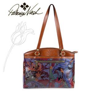 Patricia Nash Poppy Leather Blue Forest Tan Shoulder Tote Bag Purse